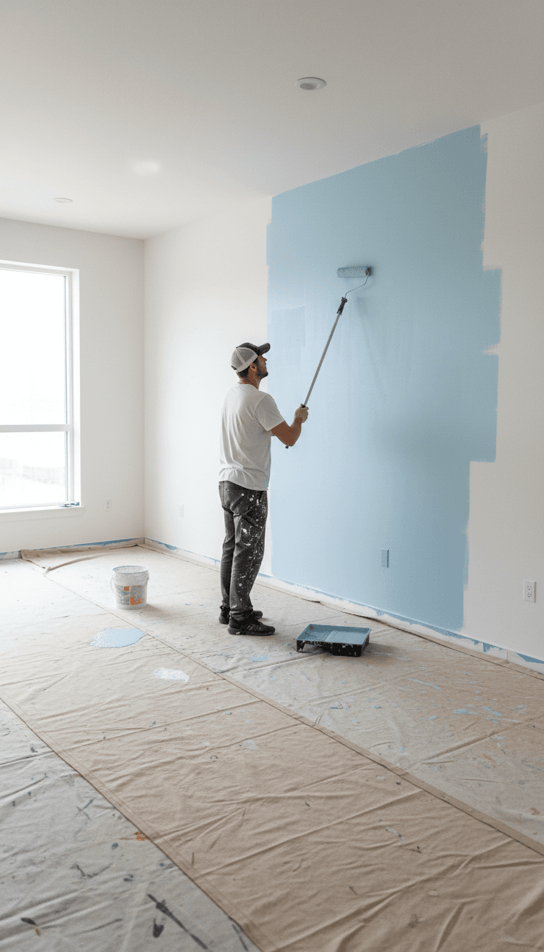 Professional painter in a residential home interior with drop cloths and painting equipment