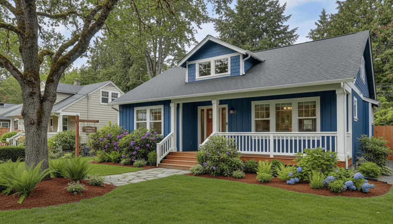 Freshly painted blue house with white trim on a sunny day in a Sherwood neighborhood