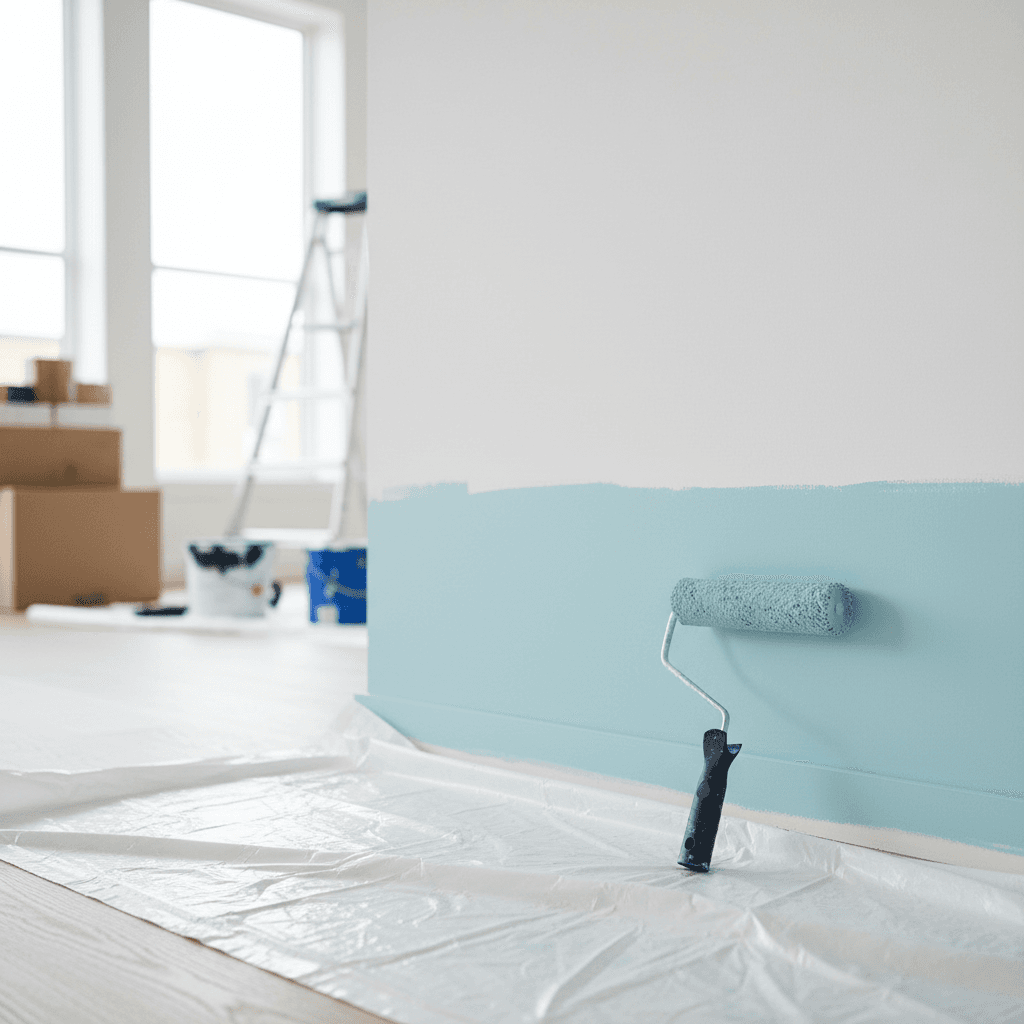 Close-up of a paint roller on a wall with a crisp edge in a bright room