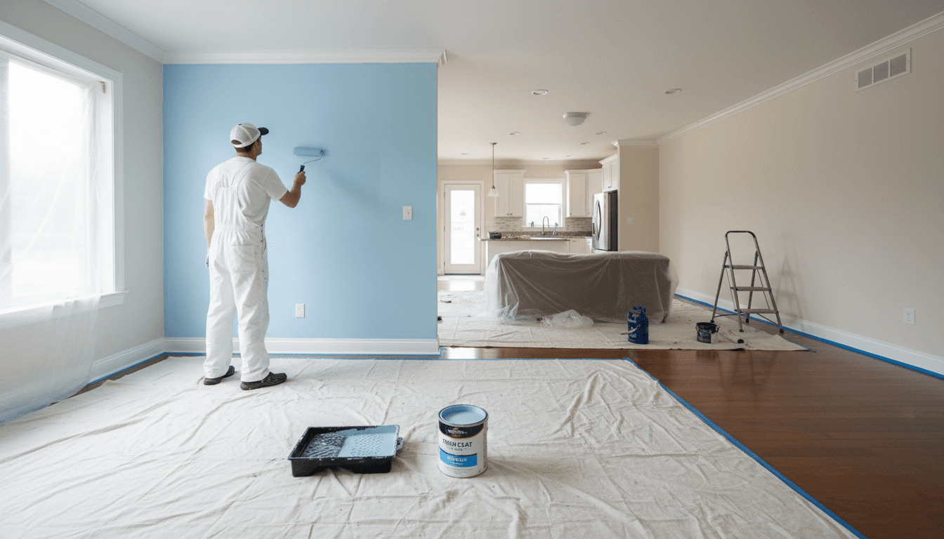 Professional painter carefully applying paint to an interior wall in a clean residential home